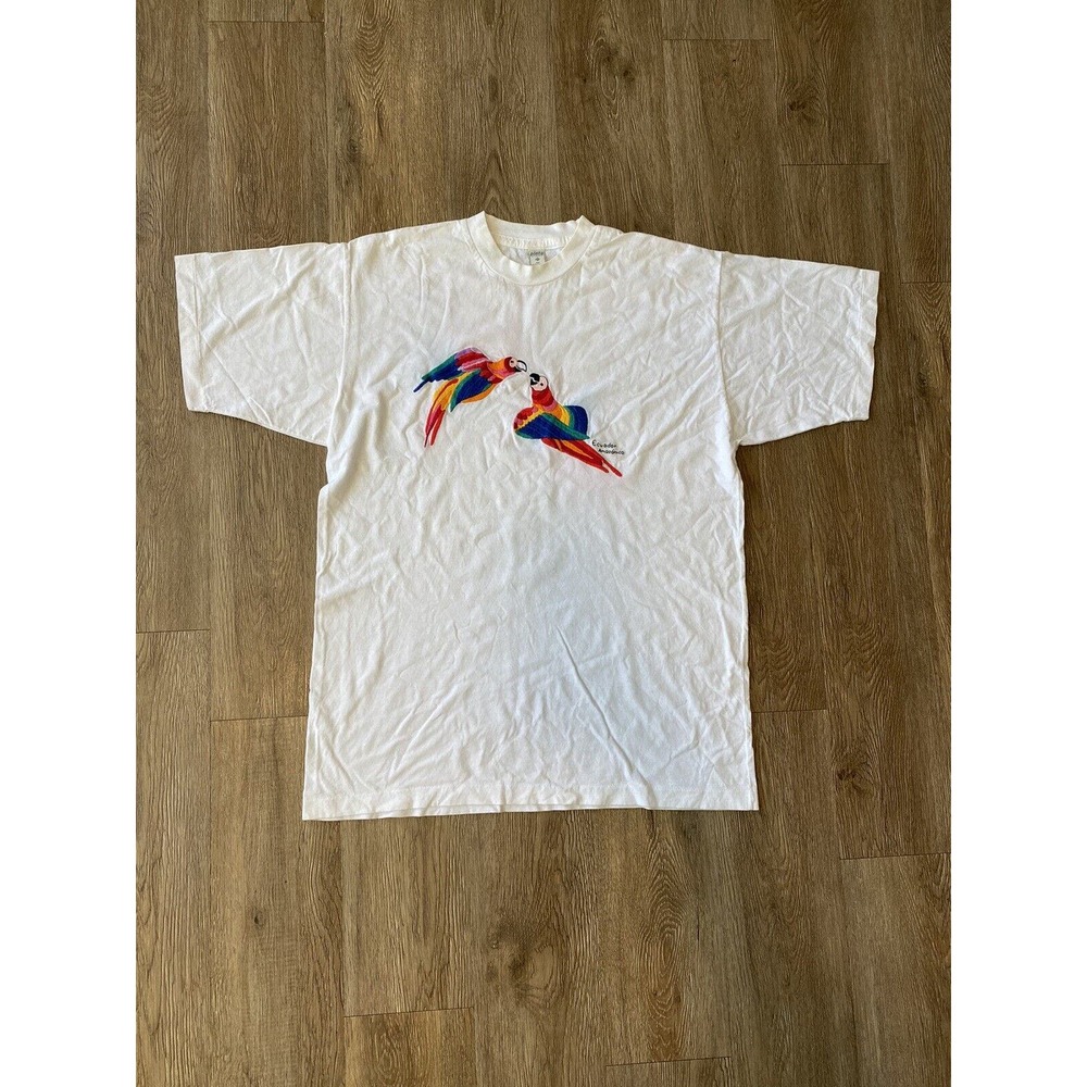 Vtg Pinto Ecuador Amazonico Embroidered Parrot White Shirt Men's L Single Stitch